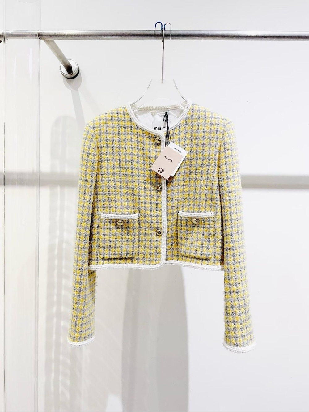 Miu Miu Cropped Tweed Jacket in Yellow and Cream